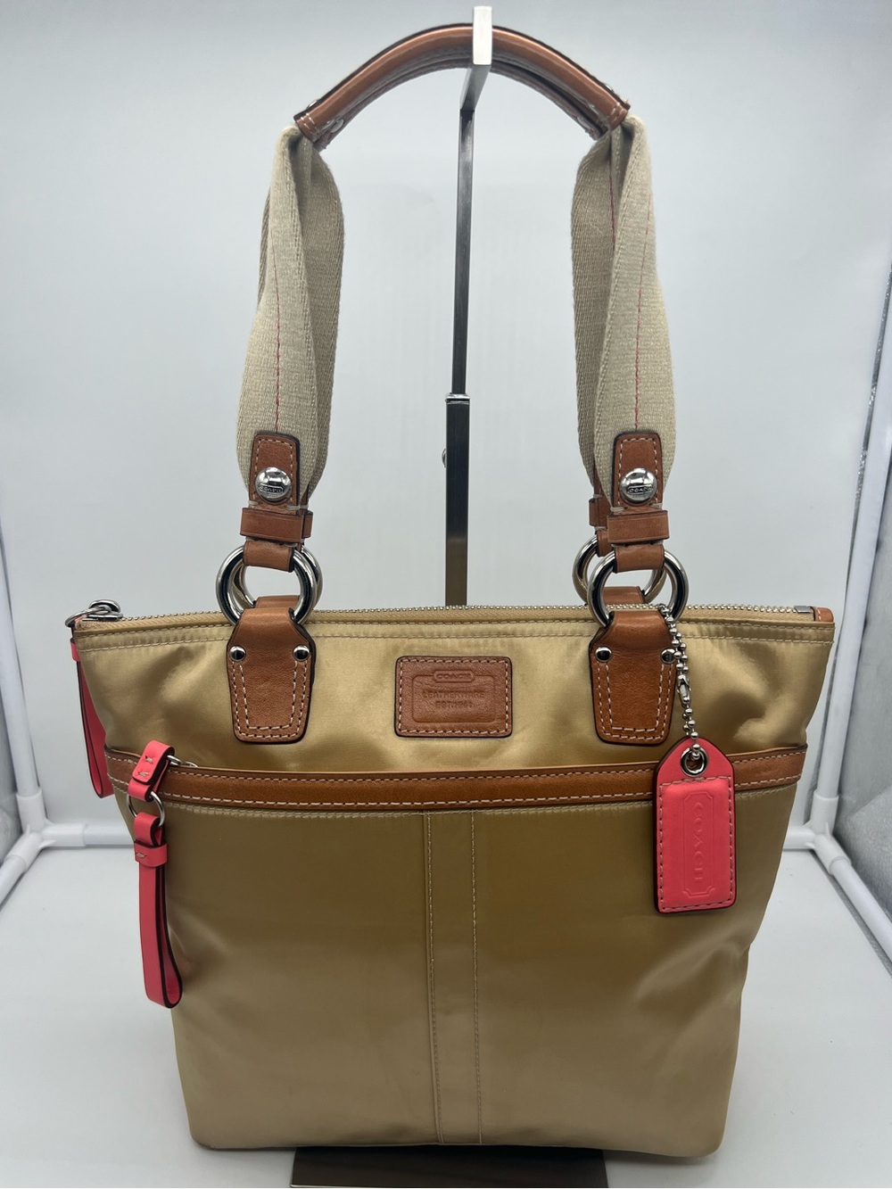 COACH 11744 Y2K Vtg Hamptons Mini Satin Champagne Brown Leather Trim Tote Bag